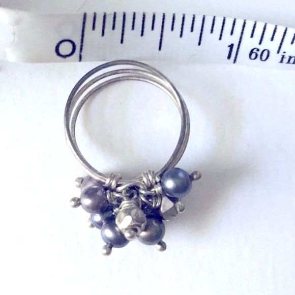 Freshwater Pearl Cluster Ring Beaded Wire Multi-band Boho Beachy Coastal Blue - Picture 6 of 7